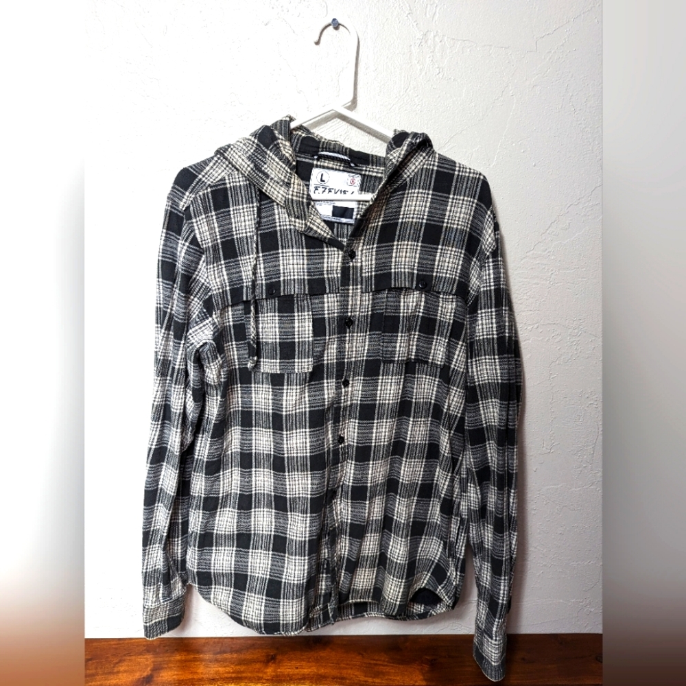 Ezekiel Plaid Black and White Hooded Flannel Button Up Shirt Mens L